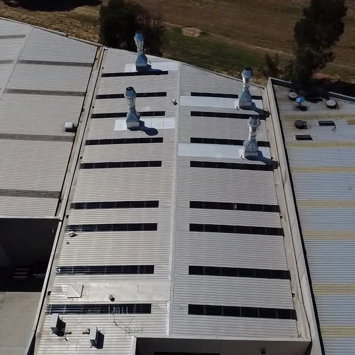 Aerial view of a factory roof with new polycarbonate skylights in Boronia